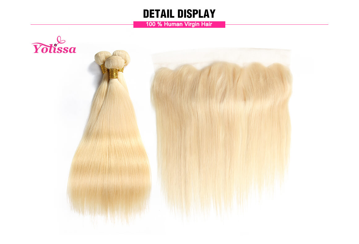 #613 Blonde Lace Frontal With 3 Bundles Straight Human Hair Weaves