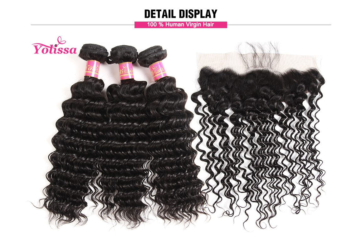 Yolissa Lace Frontal Closure with 3 Bundles Deep Wave Virgin Brazilian Hair Weaving