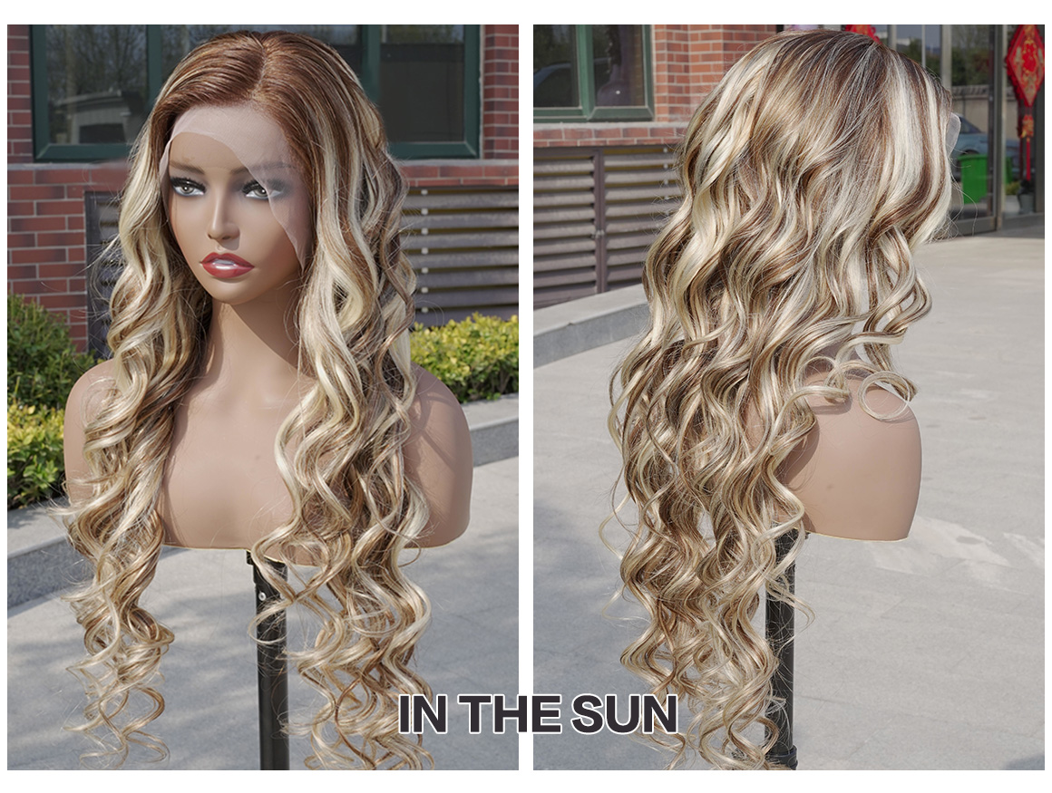 brown wig with blonde highlights in the sun