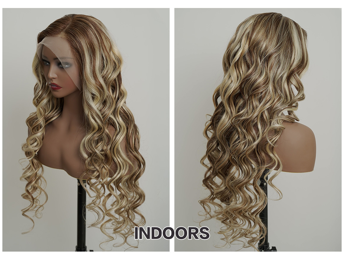 brown wig with blonde highlights indoors